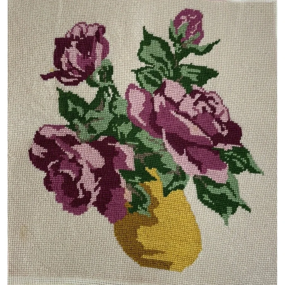 Vintage Needlepoint  13x13 Completed Unframed Pink Roses in Gold Vase‎